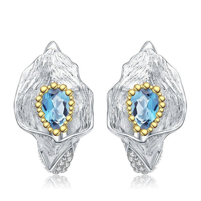 GRACE Swiss Blue Topaz Calla Lily Handmade Earrings in Sterling Silver