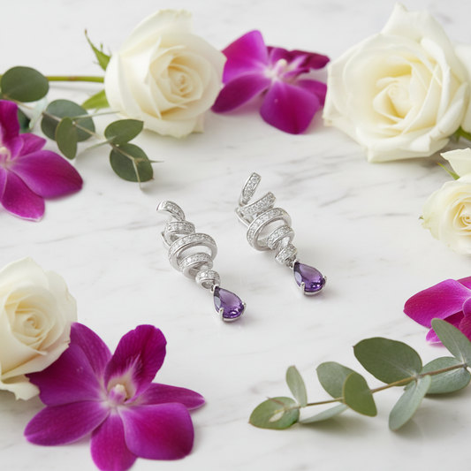 Boucles d'oreilles pendantes GRACE en argent sterling avec ruban d'améthyste et goutte d'eau