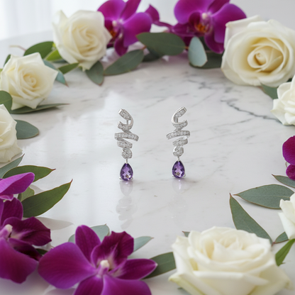 Boucles d'oreilles pendantes GRACE en argent sterling avec ruban d'améthyste et goutte d'eau