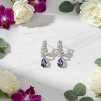 Boucles d'oreilles pendantes GRACE en argent sterling avec ruban d'améthyste et goutte d'eau