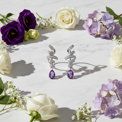 Boucles d'oreilles pendantes GRACE en argent sterling avec ruban d'améthyste et goutte d'eau