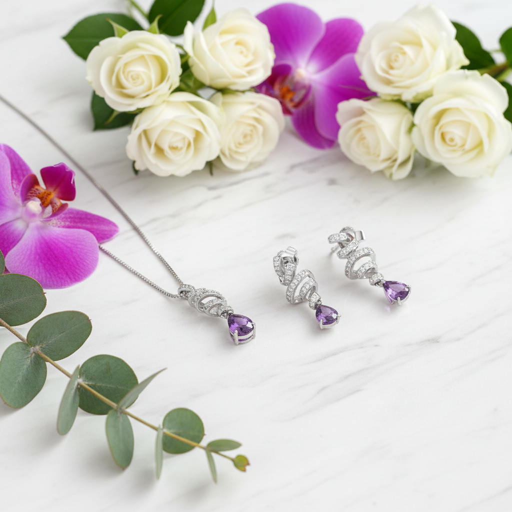 Boucles d'oreilles pendantes GRACE en argent sterling avec ruban d'améthyste et goutte d'eau