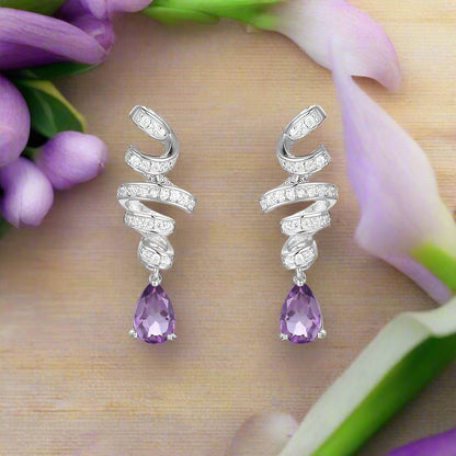 Boucles d'oreilles pendantes GRACE en argent sterling avec ruban d'améthyste et goutte d'eau