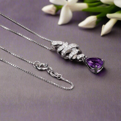 Collar con colgante de cinta de amatista en forma de lágrima y espiral en plata de ley GRACE