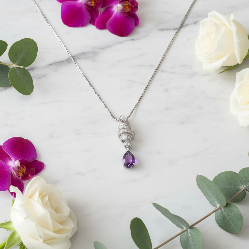 Collier pendentif tourbillonnant en ruban d'améthyste en forme de larme GRACE en argent sterling