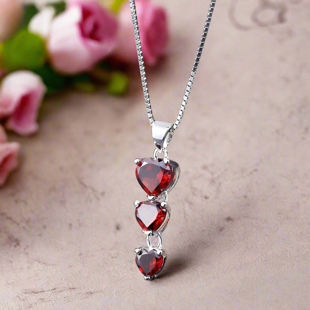 GRACE Three Hearts Natural Gemstone Pendant Necklace in Sterling Silver