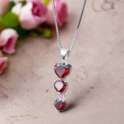 GRACE Three Hearts Natural Gemstone Pendant Necklace in Sterling Silver