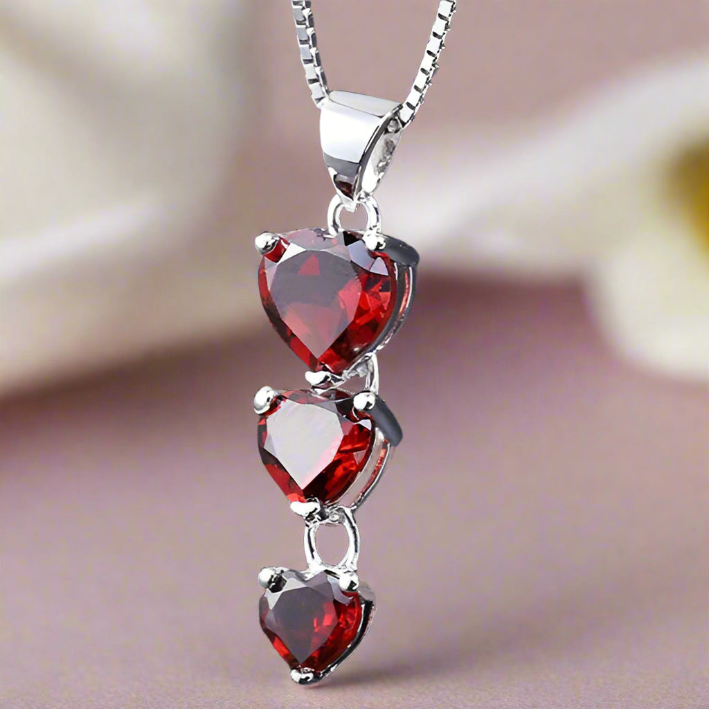 GRACE Three Hearts Natural Gemstone Pendant Necklace in Sterling Silver
