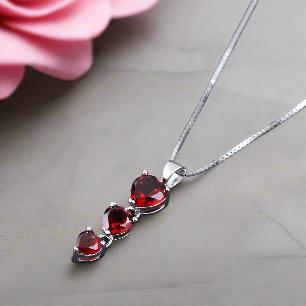 GRACE Three Hearts Natural Gemstone Pendant Necklace in Sterling Silver