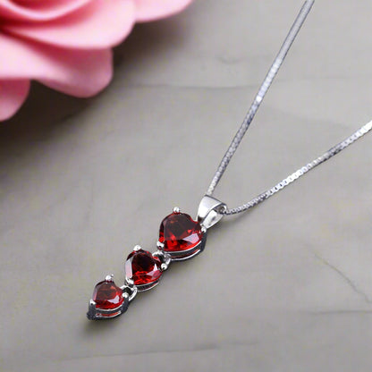 GRACE Three Hearts Natural Gemstone Pendant Necklace in Sterling Silver