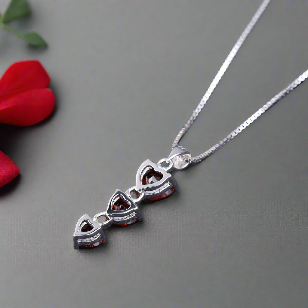 GRACE Three Hearts Natural Gemstone Pendant Necklace in Sterling Silver