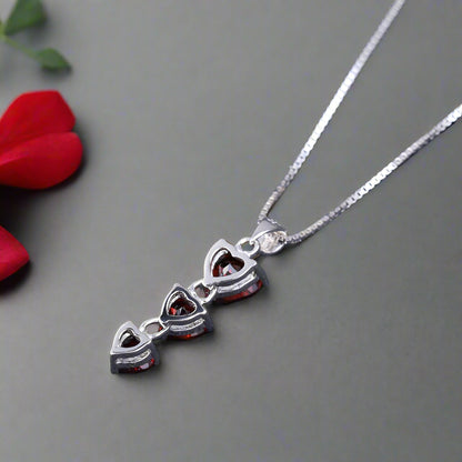 GRACE Three Hearts Natural Gemstone Pendant Necklace in Sterling Silver