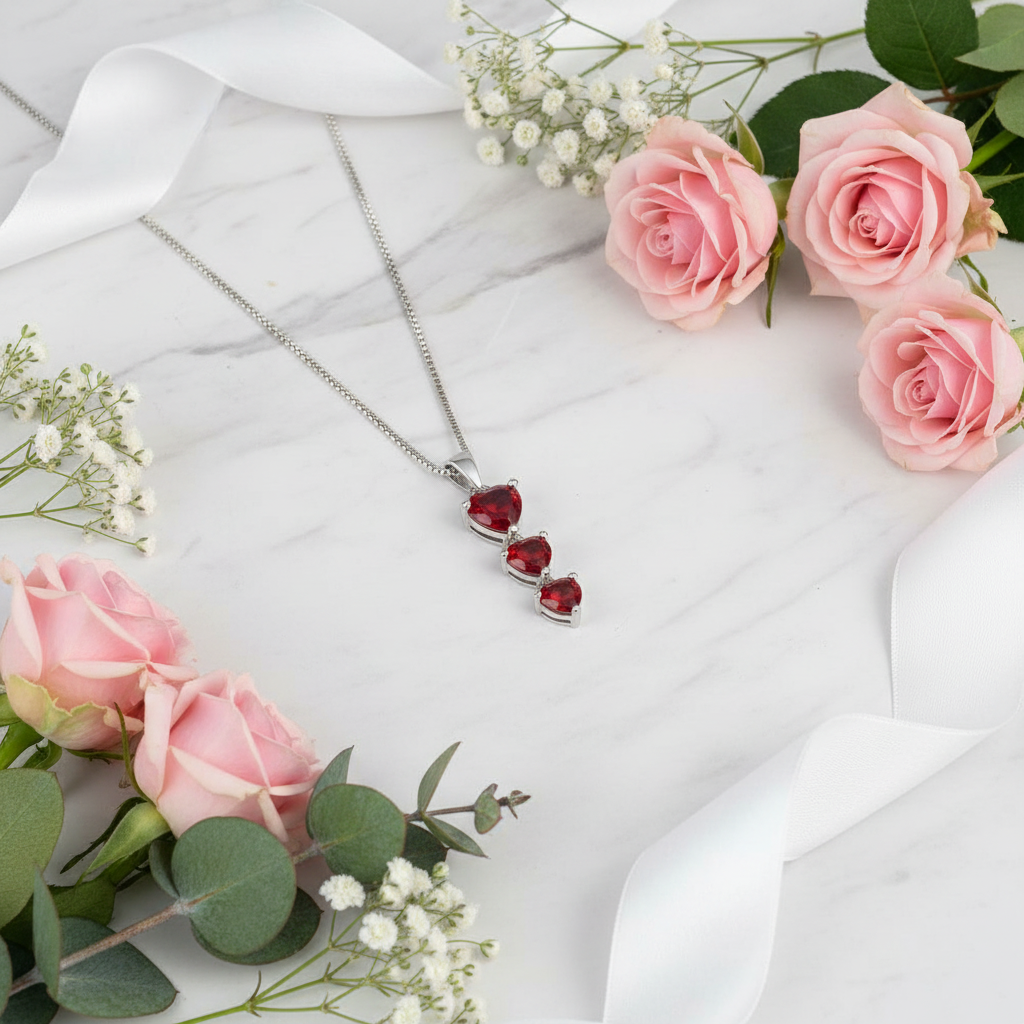 GRACE Three Hearts Natural Gemstone Pendant Necklace in Sterling Silver