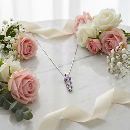 GRACE Three Hearts Natural Gemstone Pendant Necklace in Sterling Silver