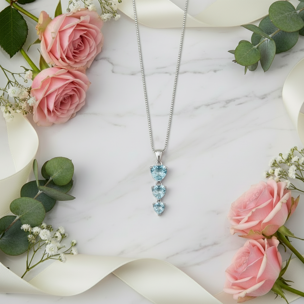 GRACE Three Hearts Natural Gemstone Pendant Necklace in Sterling Silver