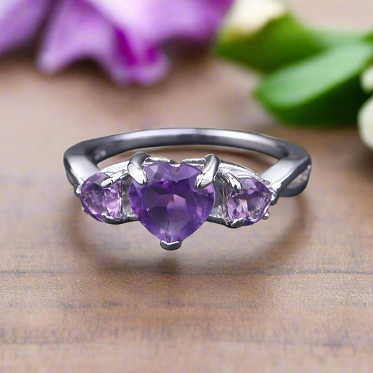GRACE Three Stone Heart Cut Amethyst Ring in Sterling Silver