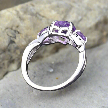 GRACE Three Stone Heart Cut Amethyst Ring in Sterling Silver