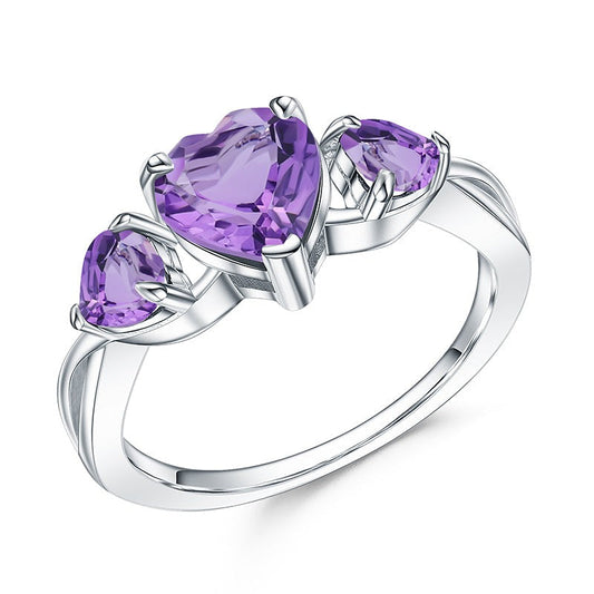 GRACE Three Stone Heart Cut Amethyst Ring in Sterling Silver