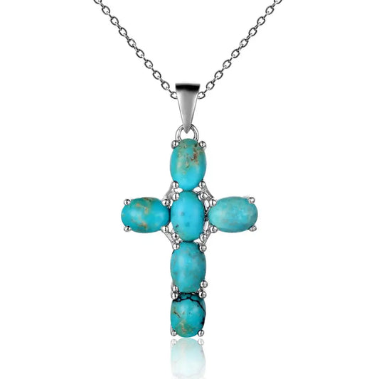 GRACE Oval Turquoise Multi-Stone Cross Necklace in Sterling Silver