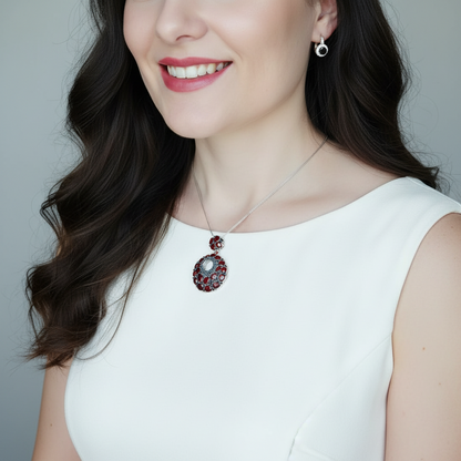 GRACE Vintage Round Garnet Pendant Necklace in Sterling Silver