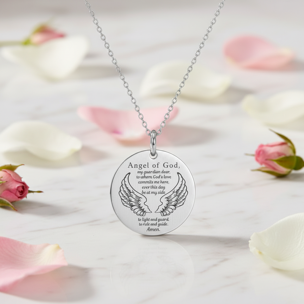 Guardian Angel Prayer Necklace with Personalized Custom Engraving