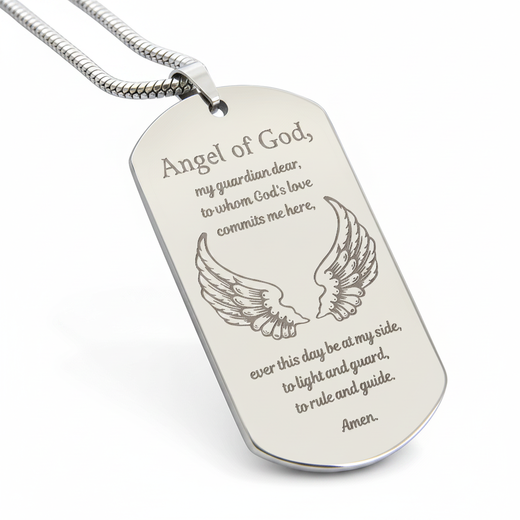 Guardian Angel Prayer Tag Necklace with Personalized Custom Engraving