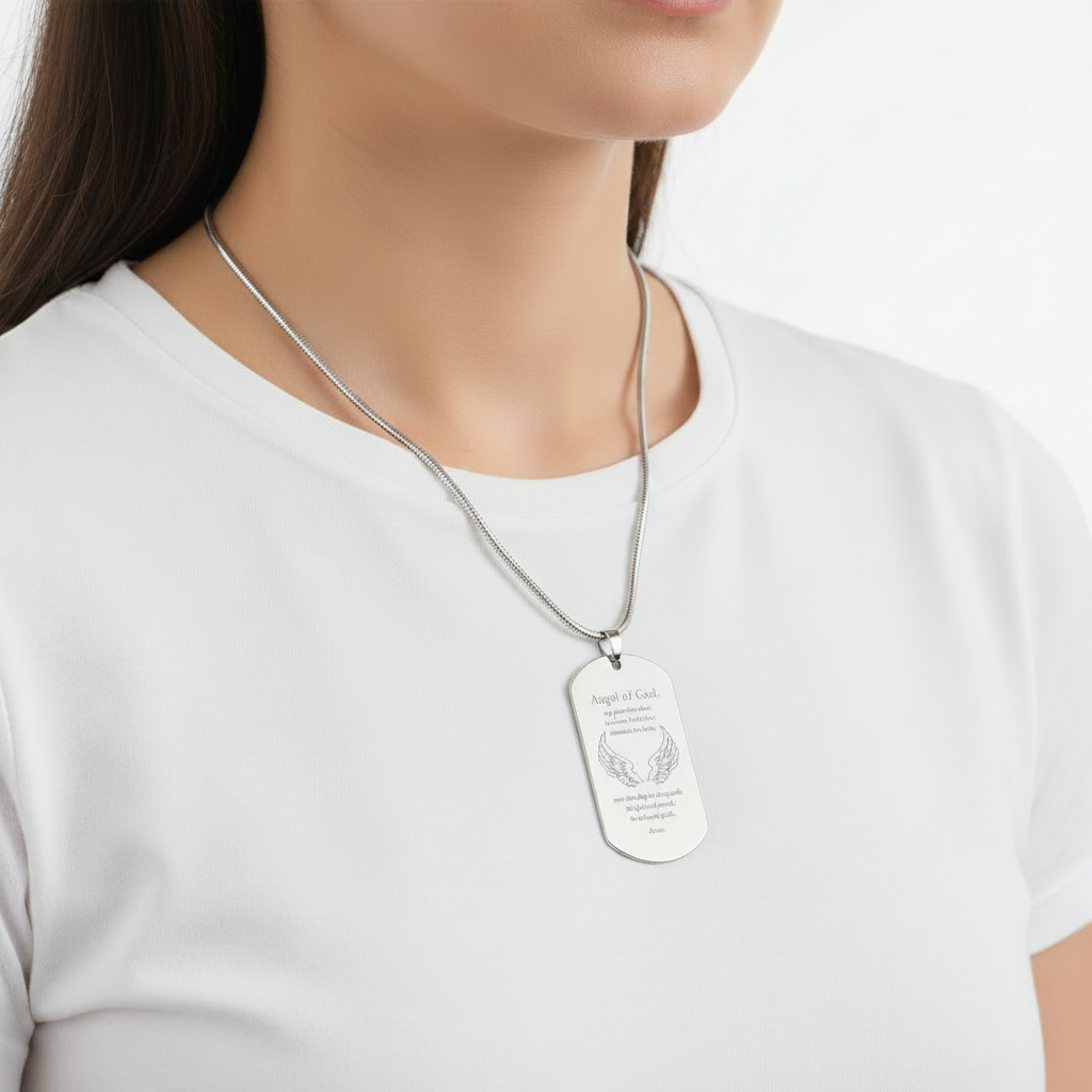 Guardian Angel Prayer Tag Necklace with Personalized Custom Engraving