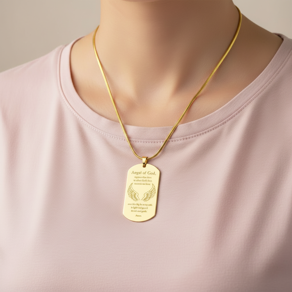 Guardian Angel Prayer Tag Necklace with Personalized Custom Engraving