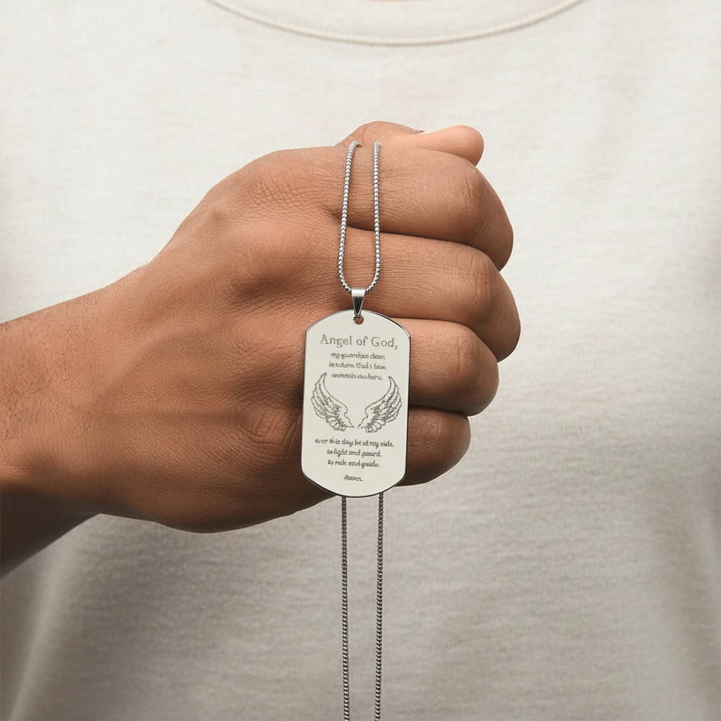 Guardian Angel Prayer Tag Necklace with Personalized Custom Engraving