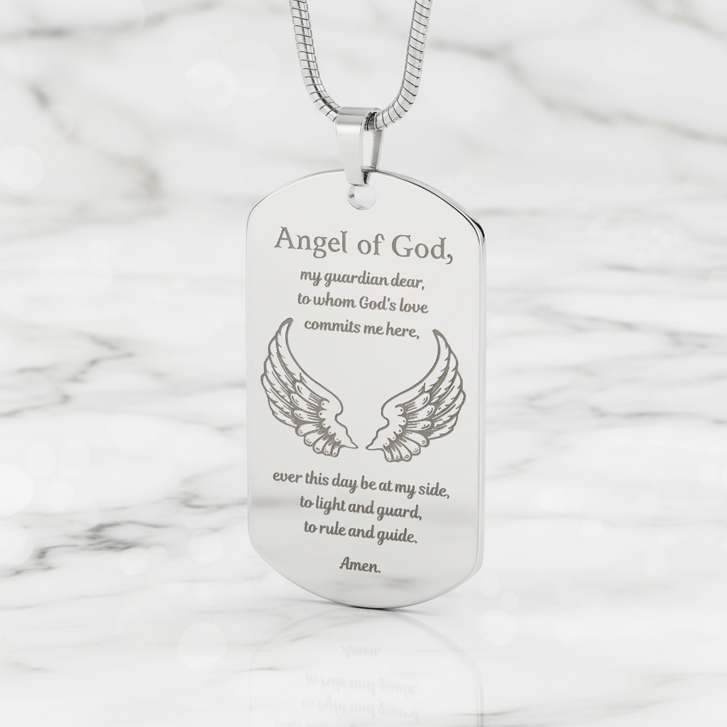 Guardian Angel Prayer Tag Necklace with Personalized Custom Engraving