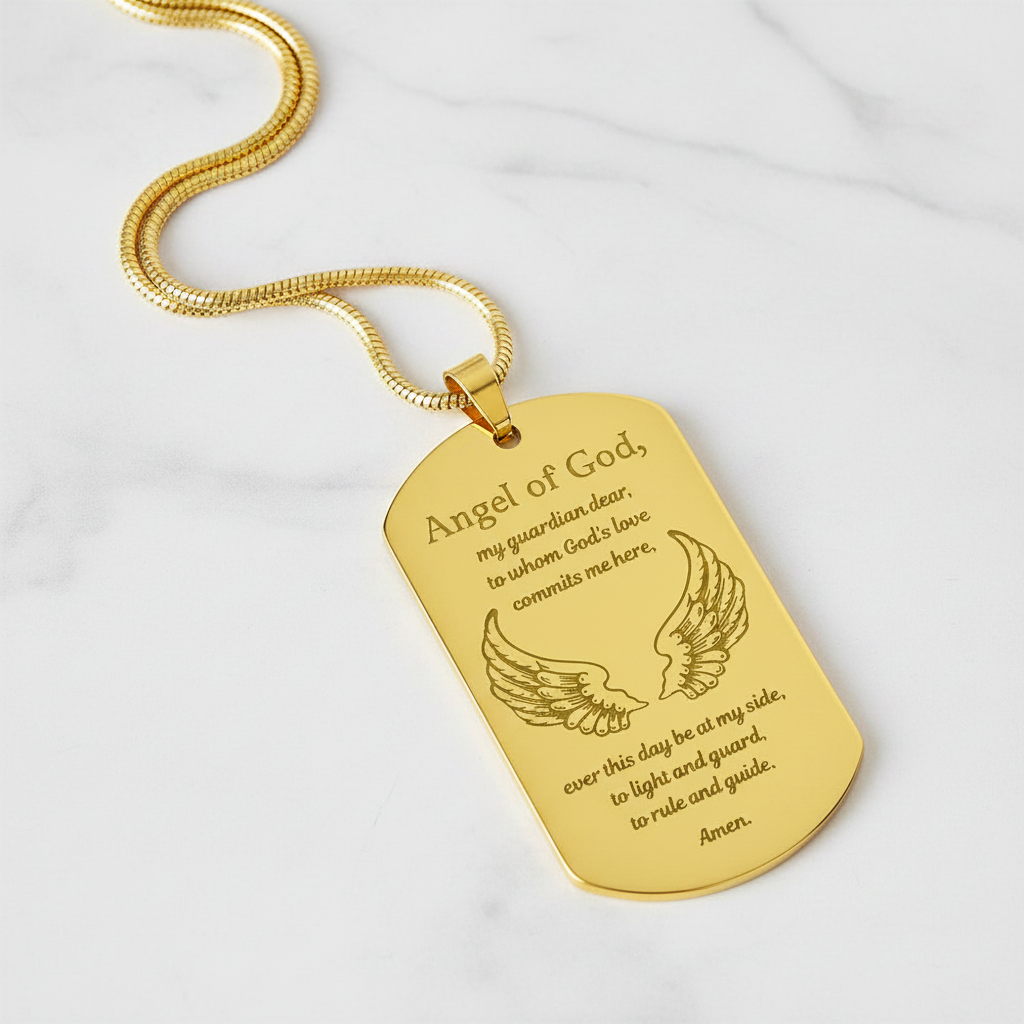 Guardian Angel Prayer Tag Necklace with Personalized Custom Engraving