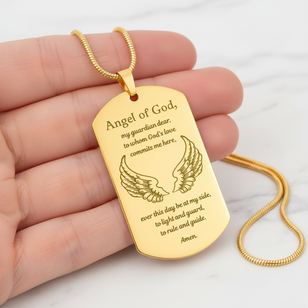Guardian Angel Prayer Tag Necklace with Personalized Custom Engraving
