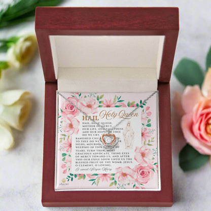 Collar con colgante de corona de Salve Reina Santa en plata de ley con tarjeta de oración en inglés
