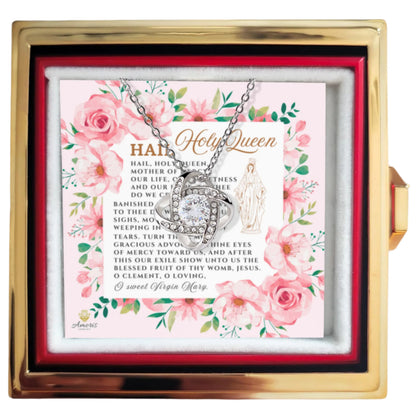 Collar con nudo de amor de la Virgen María con rosa eterna y tarjeta de oración en inglés