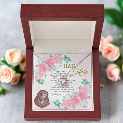 Collar con colgante de corona de Ave María en plata de ley con tarjeta de oración en inglés