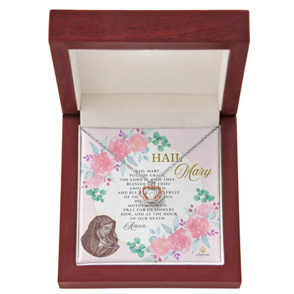 Collar con colgante de corona de Ave María en plata de ley con tarjeta de oración en inglés