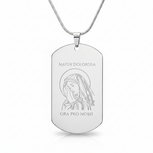 Mater Dolorosa Tag Necklace with Personalized Custom Engraving