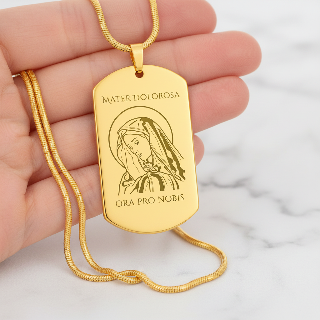 Mater Dolorosa Tag Necklace with Personalized Custom Engraving