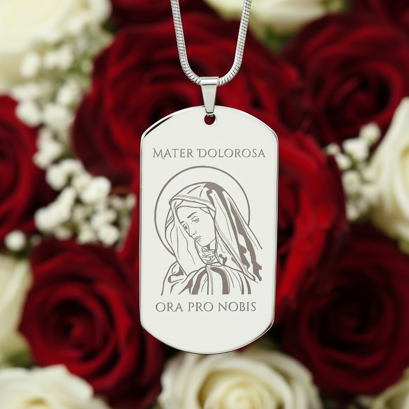 Mater Dolorosa Tag Necklace with Personalized Custom Engraving