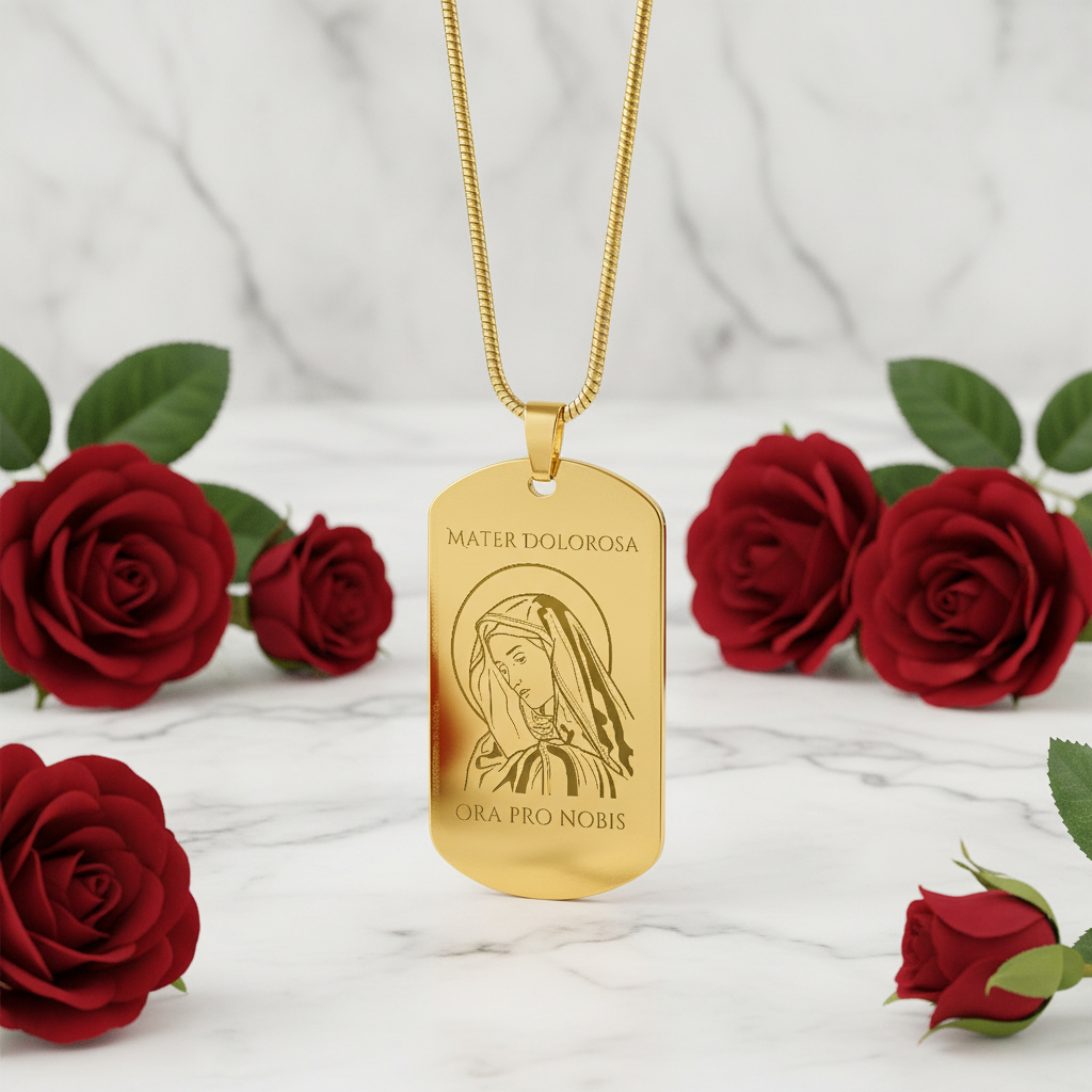 Mater Dolorosa Tag Necklace with Personalized Custom Engraving