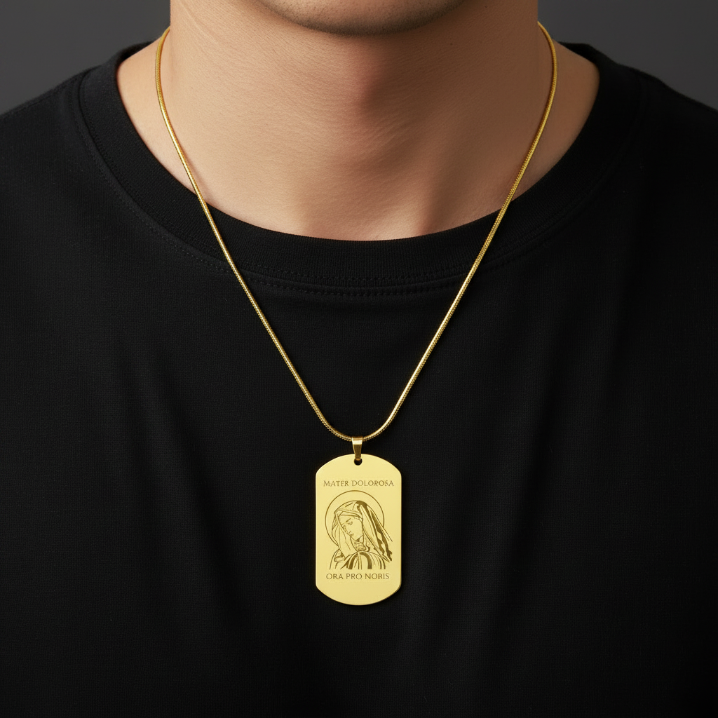 Mater Dolorosa Tag Necklace with Personalized Custom Engraving