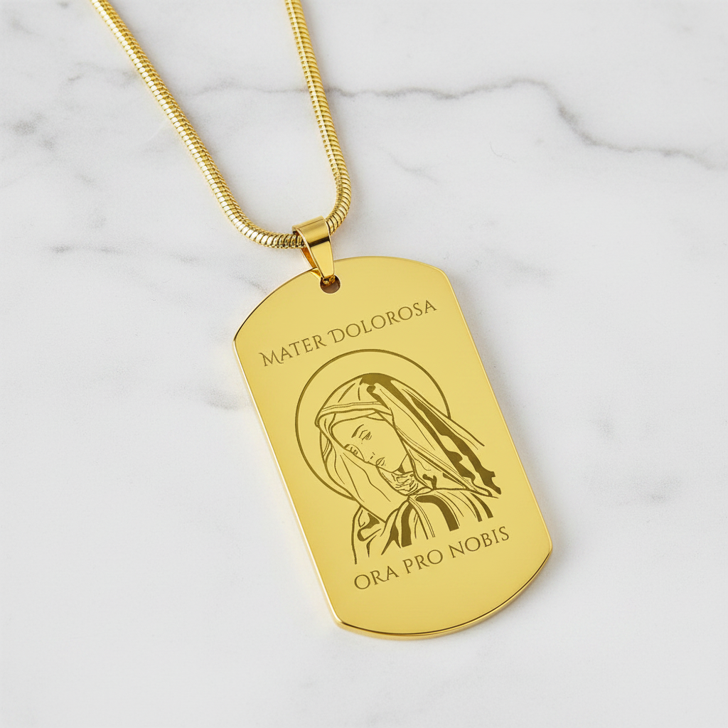 Mater Dolorosa Tag Necklace with Personalized Custom Engraving