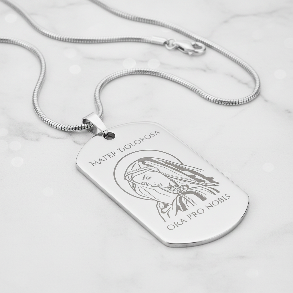 Mater Dolorosa Tag Necklace with Personalized Custom Engraving