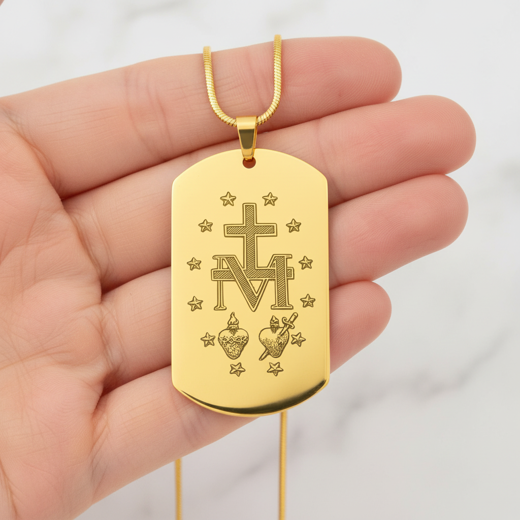 Miraculous Medal Artistic Verso Tag Necklace with Personalized Custom Engraving