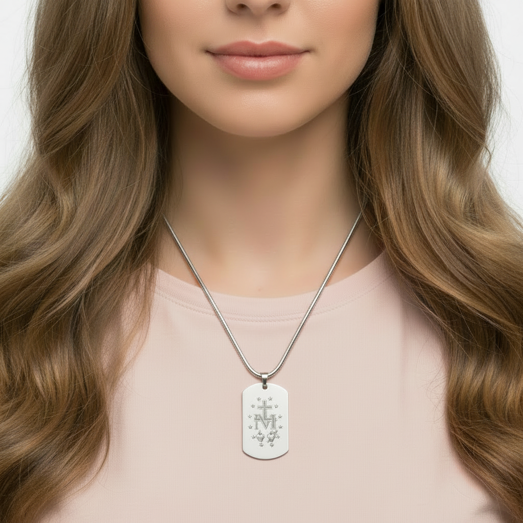 Miraculous Medal Artistic Verso Tag Necklace with Personalized Custom Engraving