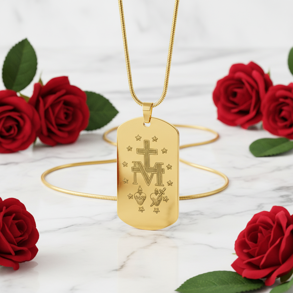 Miraculous Medal Artistic Verso Tag Necklace with Personalized Custom Engraving