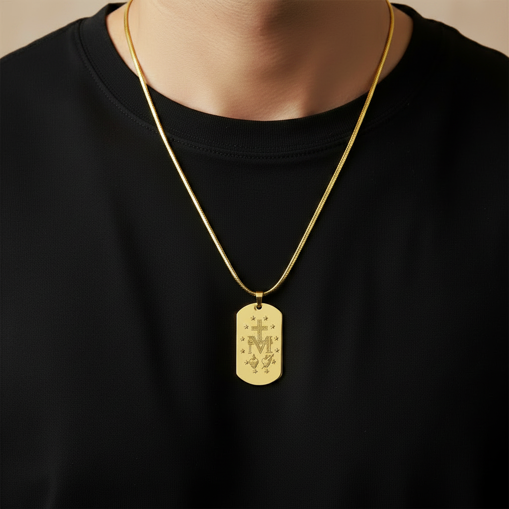Miraculous Medal Artistic Verso Tag Necklace with Personalized Custom Engraving