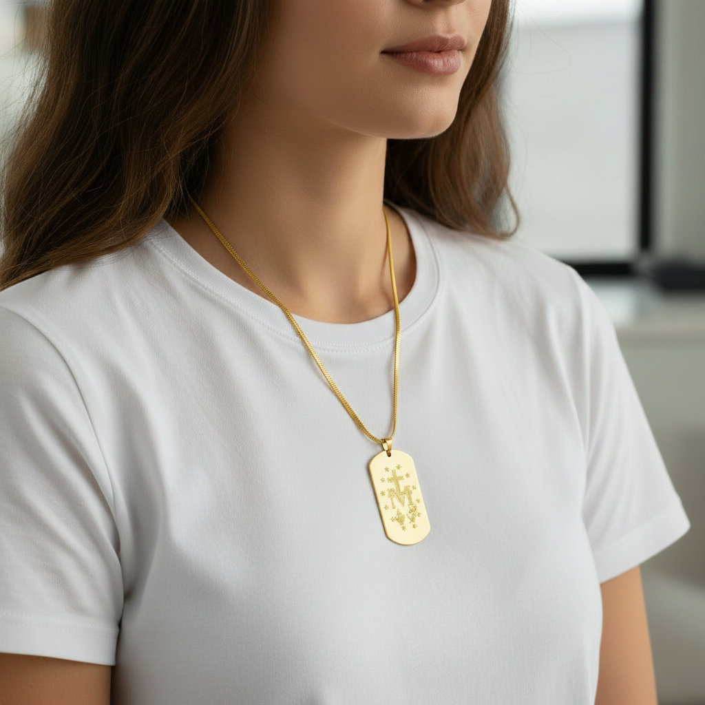 Miraculous Medal Artistic Verso Tag Necklace with Personalized Custom Engraving