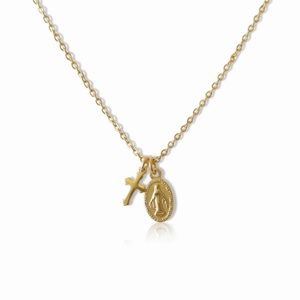 Miraculous Medal Cross Necklace in 14K Gold Plated Stainless Steel