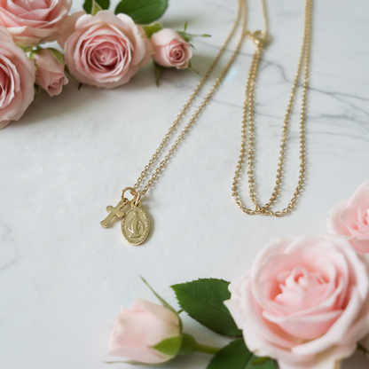 Miraculous Medal Cross Necklace in 14K Gold Plated Stainless Steel